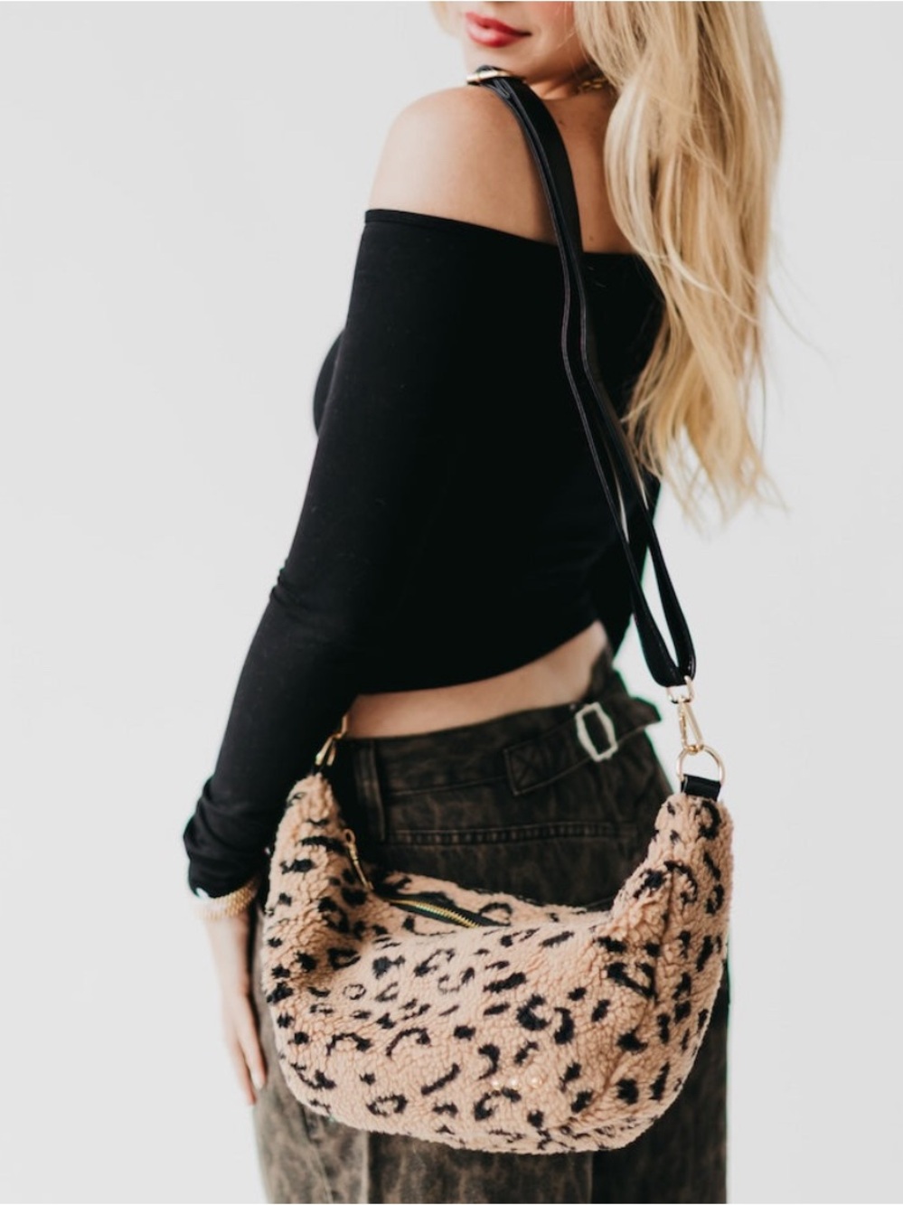 Leopard Sherpa Shoulder Bag with Black Strap